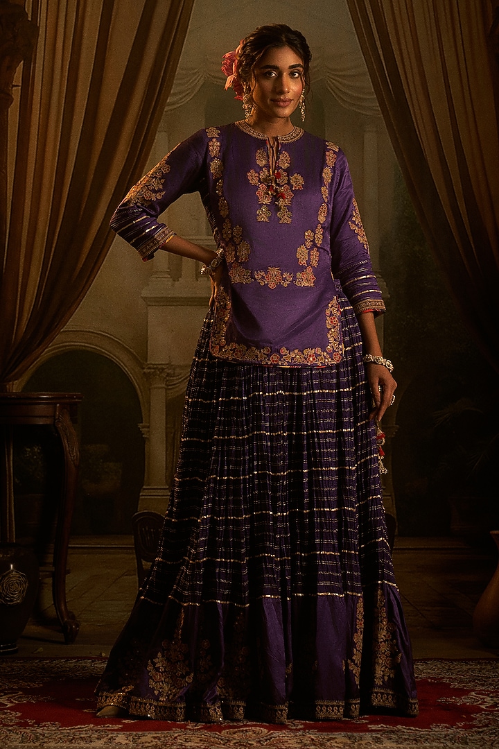 Purple Slub Silk Resham Embroidered Crushed Wedding Lehenga Set by SHRADDHA RAMBHIA at Pernia's Pop Up Shop