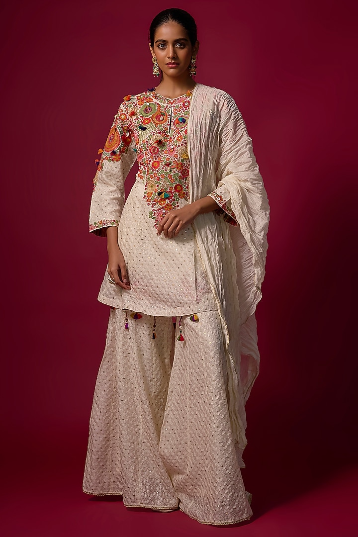 Ivory Katan Silk Party Wear Sharara Set by SHRADDHA RAMBHIA at Pernia's Pop Up Shop