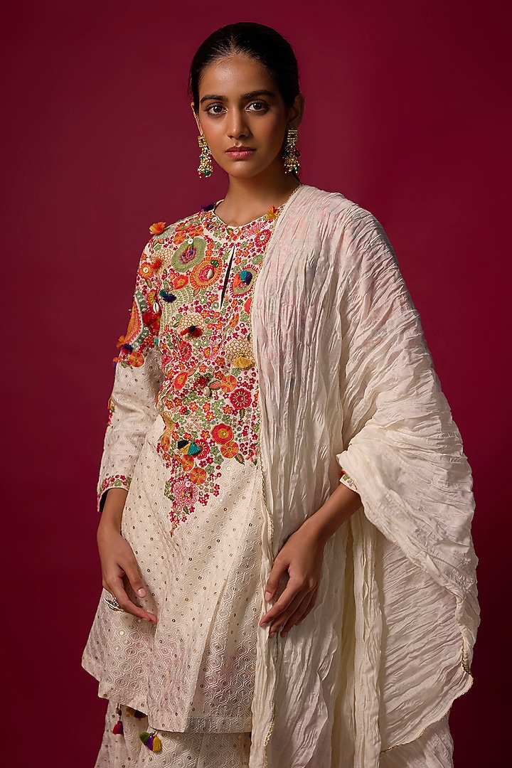 Ivory Katan Silk Party Wear Sharara Set by SHRADDHA RAMBHIA at Pernia's Pop Up Shop