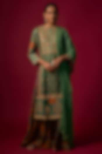 Rama Green Gajji Silk Embroidered & Printed Kurta Set by SHRADDHA RAMBHIA at Pernia's Pop Up Shop