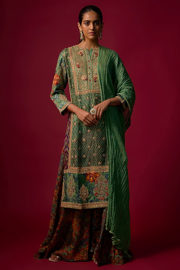 Rama Green Gajji Silk Embroidered & Printed Kurta Set by SHRADDHA RAMBHIA at Pernia's Pop Up Shop