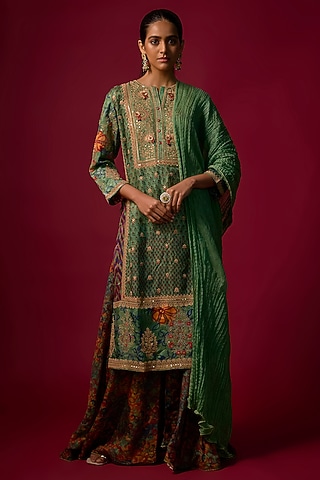 Rama Green Gajji Silk Embroidered & Printed Kurta Set by SHRADDHA RAMBHIA