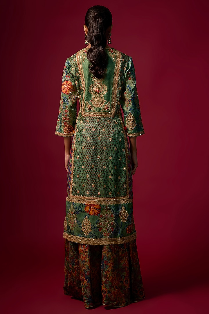 Rama Green Gajji Silk Embroidered & Printed Kurta Set by SHRADDHA RAMBHIA at Pernia's Pop Up Shop