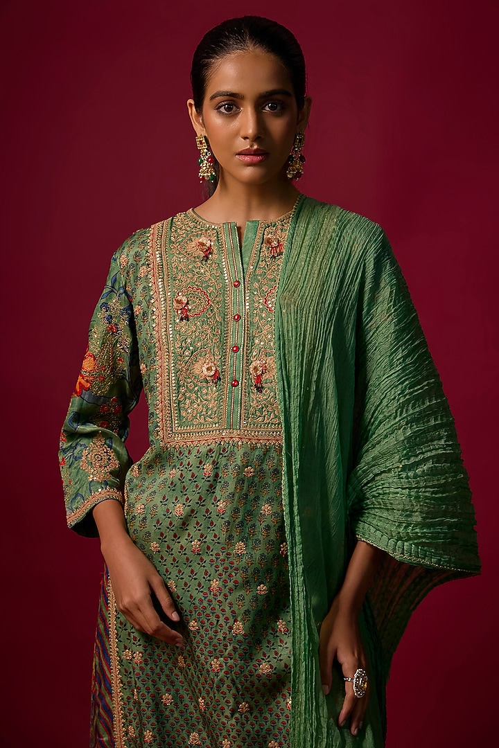 Rama Green Gajji Silk Embroidered & Printed Kurta Set by SHRADDHA RAMBHIA at Pernia's Pop Up Shop