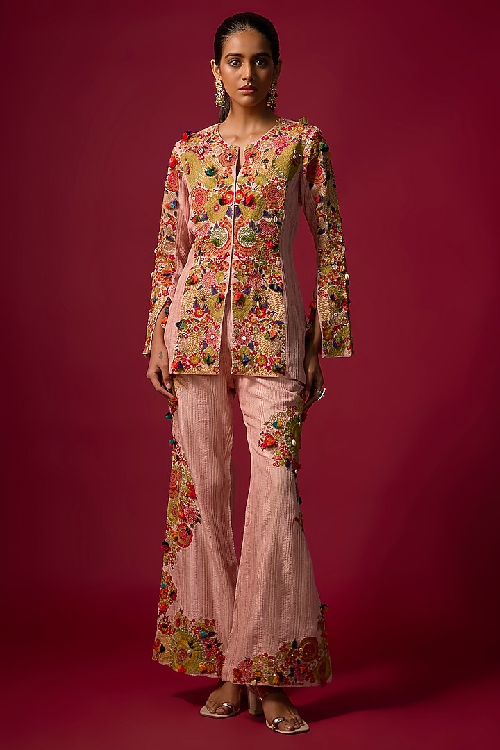 Pink Pintuck Slub Embroidered Co-Ord Set by SHRADDHA RAMBHIA at Pernia's Pop Up Shop