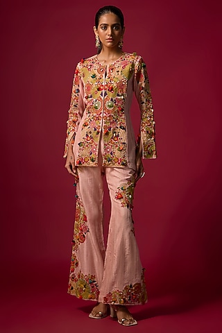 Pink Pintuck Slub Embroidered Co-Ord Set by SHRADDHA RAMBHIA