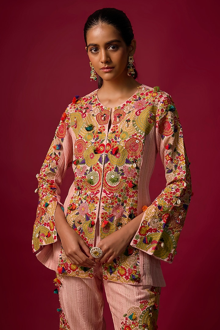 Pink Pintuck Slub Embroidered Co-Ord Set by SHRADDHA RAMBHIA at Pernia's Pop Up Shop
