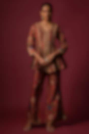 Red Gajji Silk Printed & Embroidered Co-ord Set by SHRADDHA RAMBHIA at Pernia's Pop Up Shop