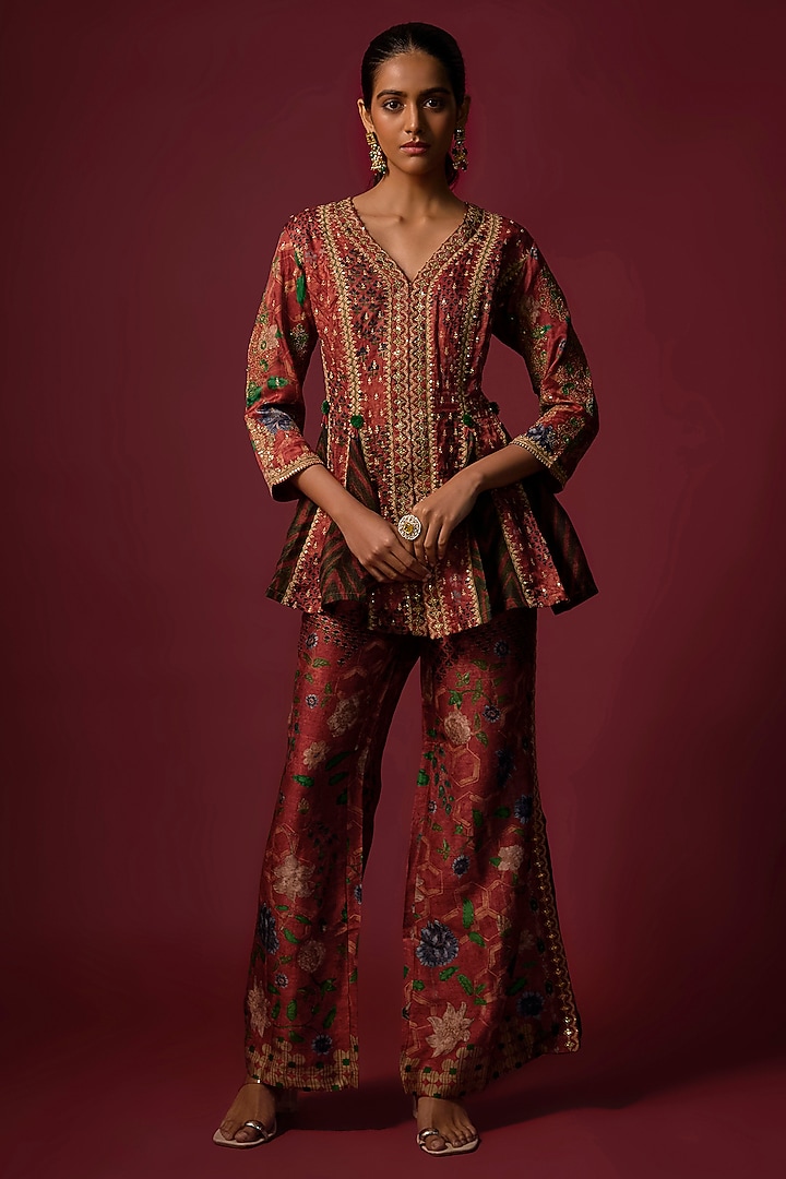 Red Gajji Silk Printed & Embroidered Co-ord Set by SHRADDHA RAMBHIA at Pernia's Pop Up Shop