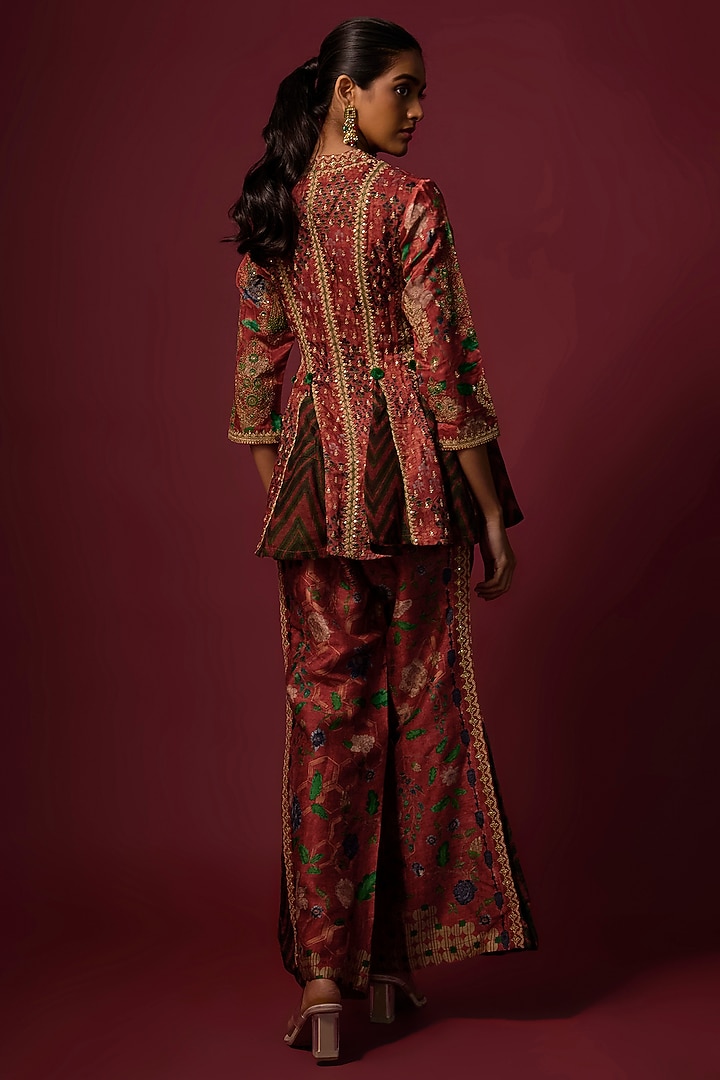 Red Gajji Silk Printed & Embroidered Co-ord Set by SHRADDHA RAMBHIA at Pernia's Pop Up Shop