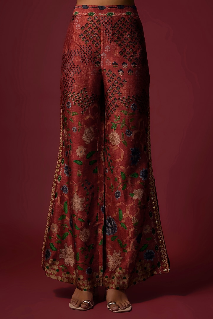 Red Gajji Silk Printed & Embroidered Co-ord Set by SHRADDHA RAMBHIA at Pernia's Pop Up Shop