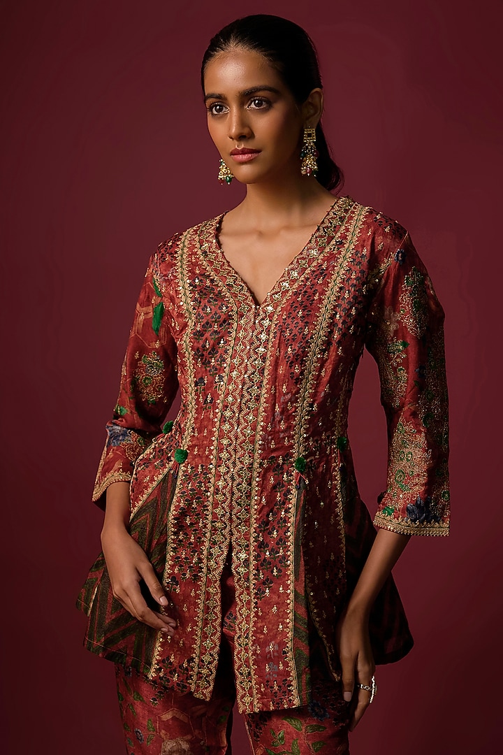 Red Gajji Silk Printed & Embroidered Co-ord Set by SHRADDHA RAMBHIA at Pernia's Pop Up Shop