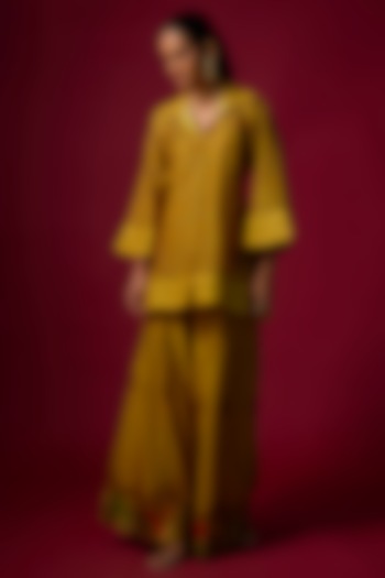 Mustard Chanderi Satin printed Co-Ord Set by SHRADDHA RAMBHIA at Pernia's Pop Up Shop