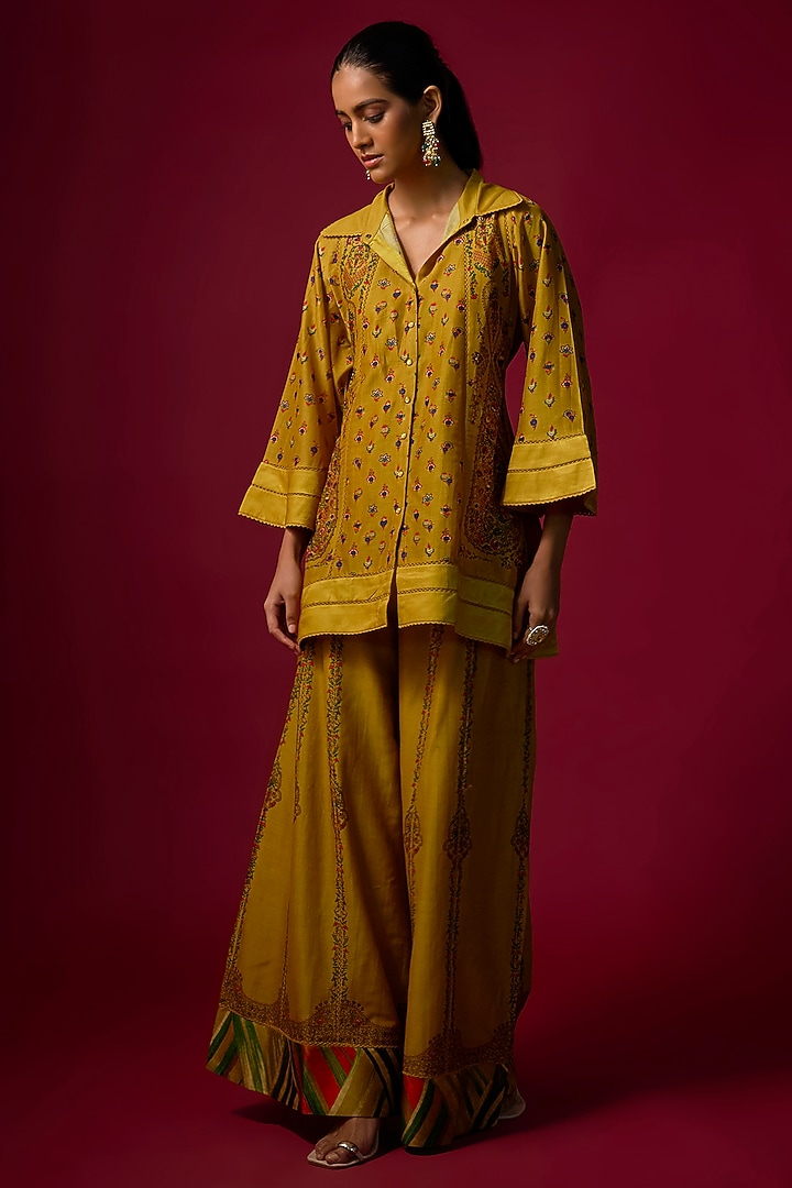 Mustard Chanderi Satin printed Co-Ord Set by SHRADDHA RAMBHIA at Pernia's Pop Up Shop