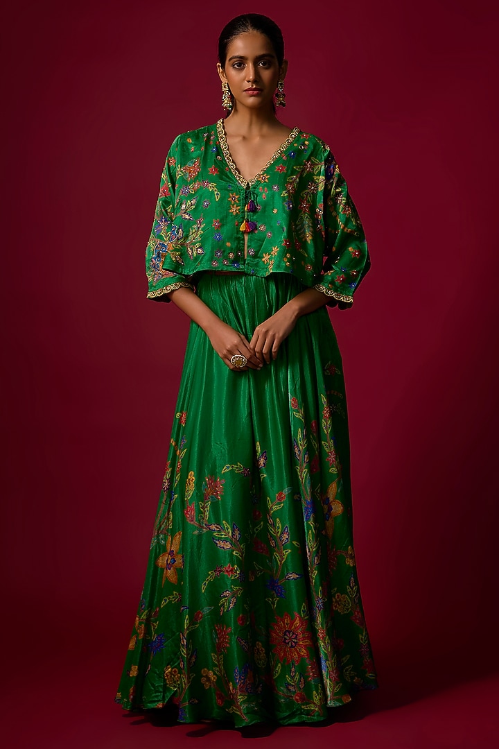 Bottle Green Vegan Gajji Silk Printed Flared Skirt Set by SHRADDHA RAMBHIA at Pernia's Pop Up Shop