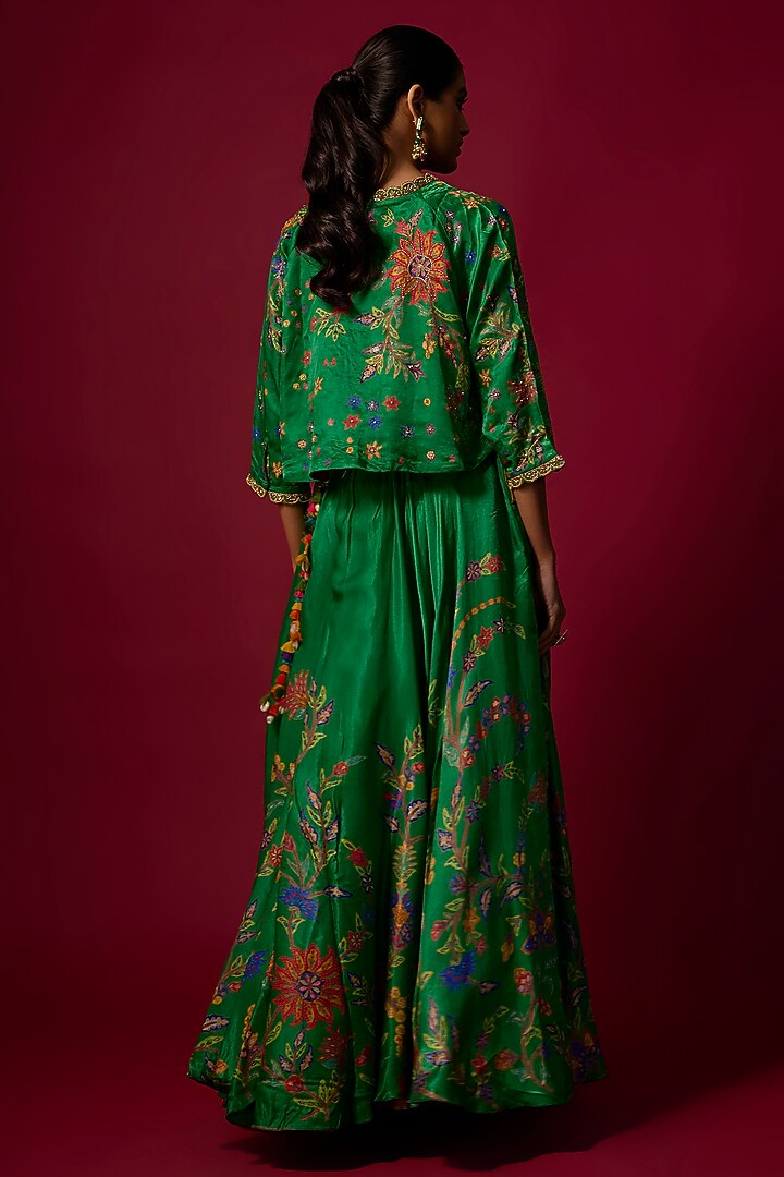 Bottle Green Vegan Gajji Silk Printed Flared Skirt Set by SHRADDHA RAMBHIA at Pernia's Pop Up Shop