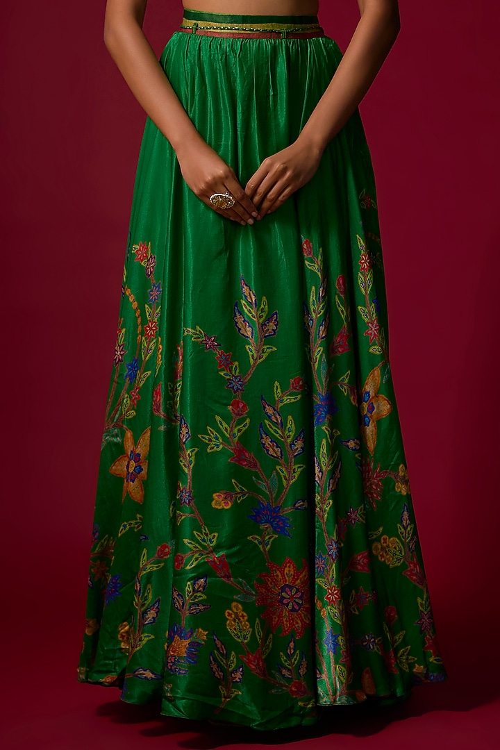 Bottle Green Vegan Gajji Silk Printed Flared Skirt Set by SHRADDHA RAMBHIA at Pernia's Pop Up Shop