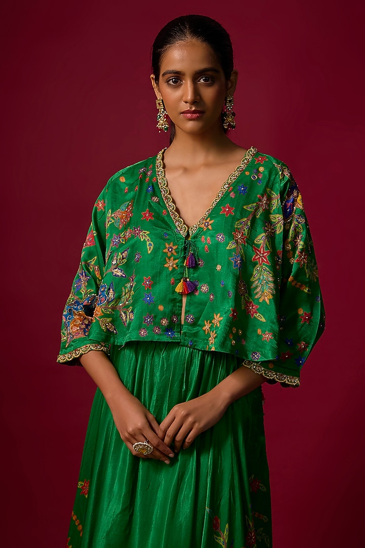 Bottle Green Vegan Gajji Silk Printed Flared Skirt Set by SHRADDHA RAMBHIA at Pernia's Pop Up Shop