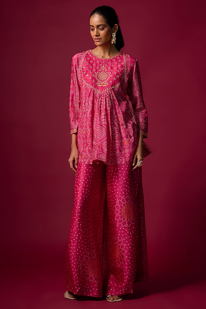 Pink Slub Silk Palazzo Pant Set by SHRADDHA RAMBHIA at Pernia's Pop Up Shop