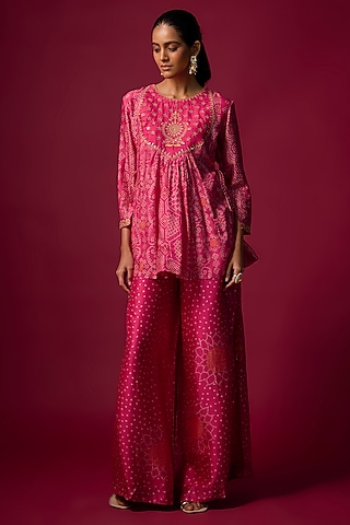 Pink Slub Silk Palazzo Pant Set by SHRADDHA RAMBHIA