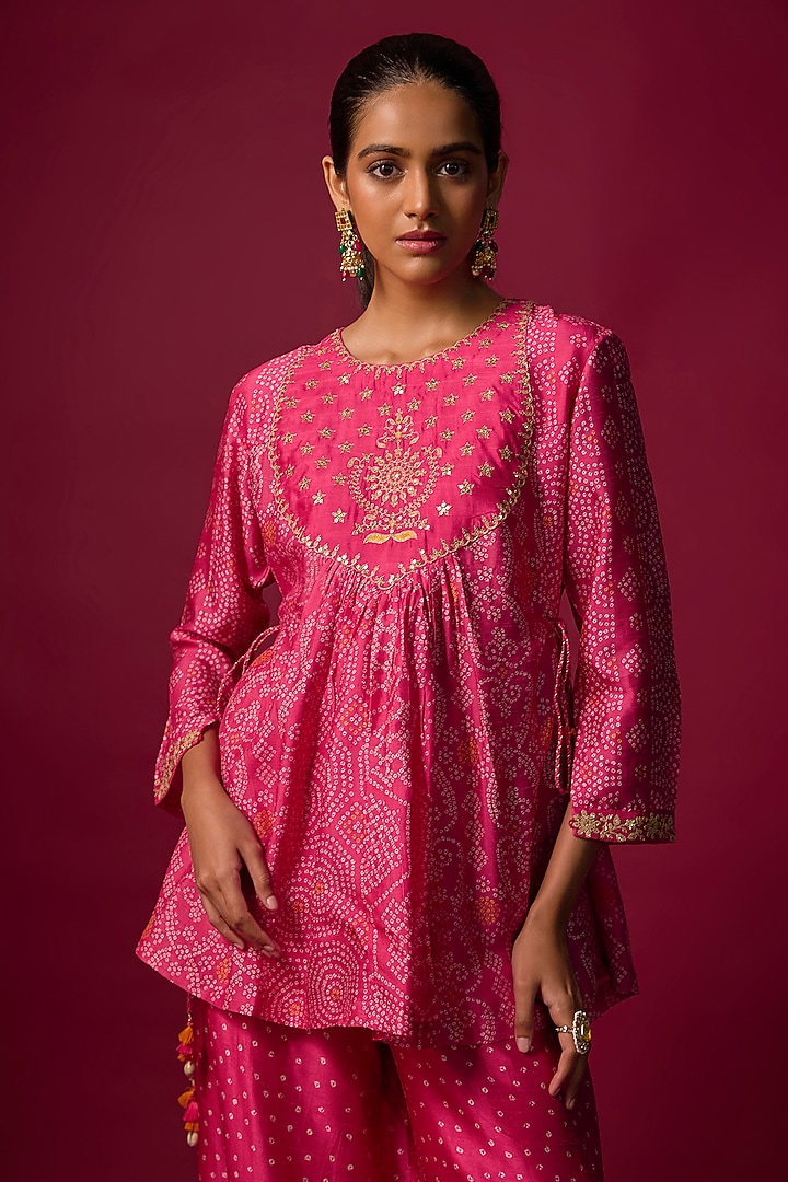 Pink Slub Silk Palazzo Pant Set by SHRADDHA RAMBHIA at Pernia's Pop Up Shop