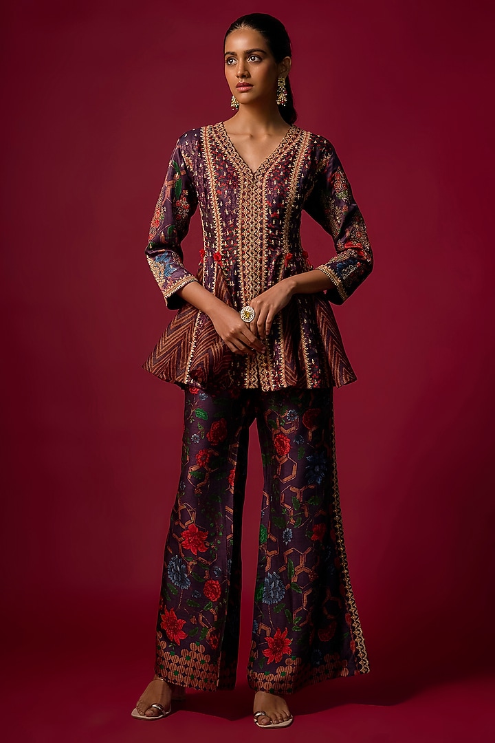 Purple Gajji Silk Printed & Embroidered Co-Ord Set by SHRADDHA RAMBHIA at Pernia's Pop Up Shop