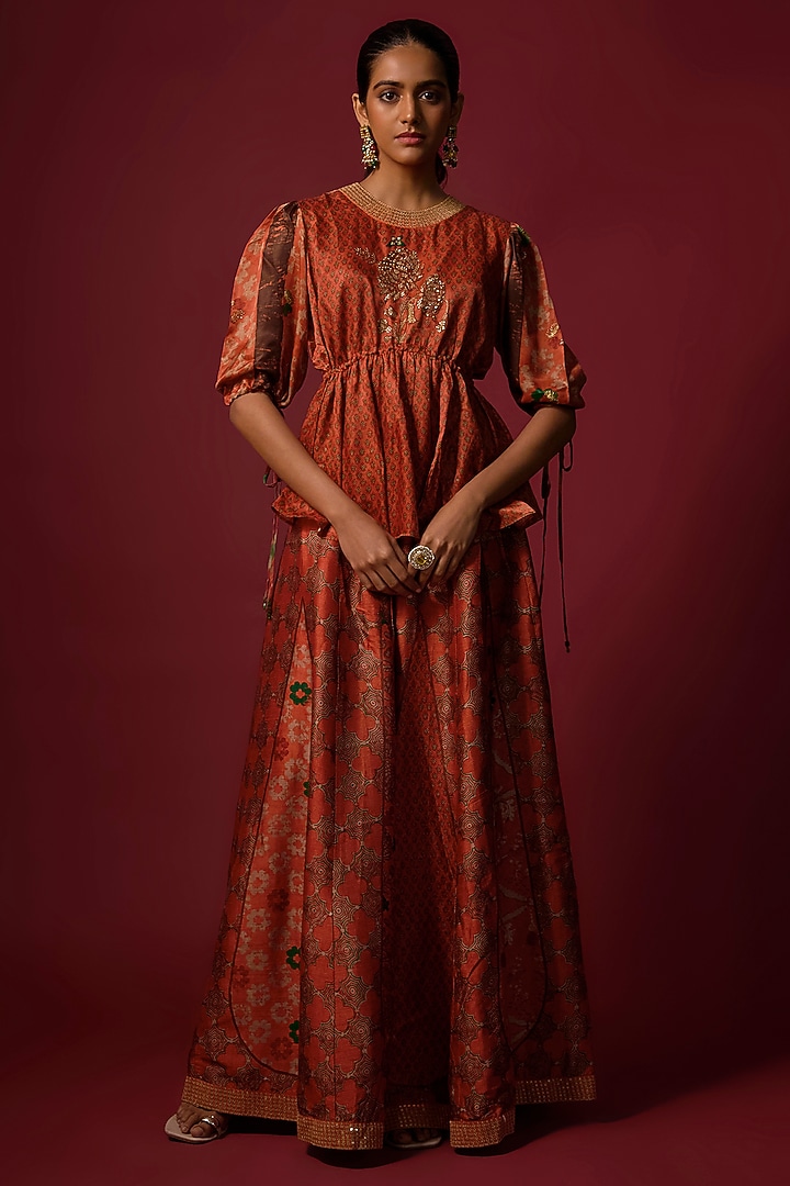 Red Vegan Gajji Silk Hand Embroidered & Printed Co-Ord Set by SHRADDHA RAMBHIA at Pernia's Pop Up Shop