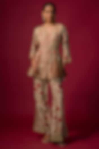 Ivory Gajji Silk Printed & Embroidered Co-Ord Set by SHRADDHA RAMBHIA at Pernia's Pop Up Shop