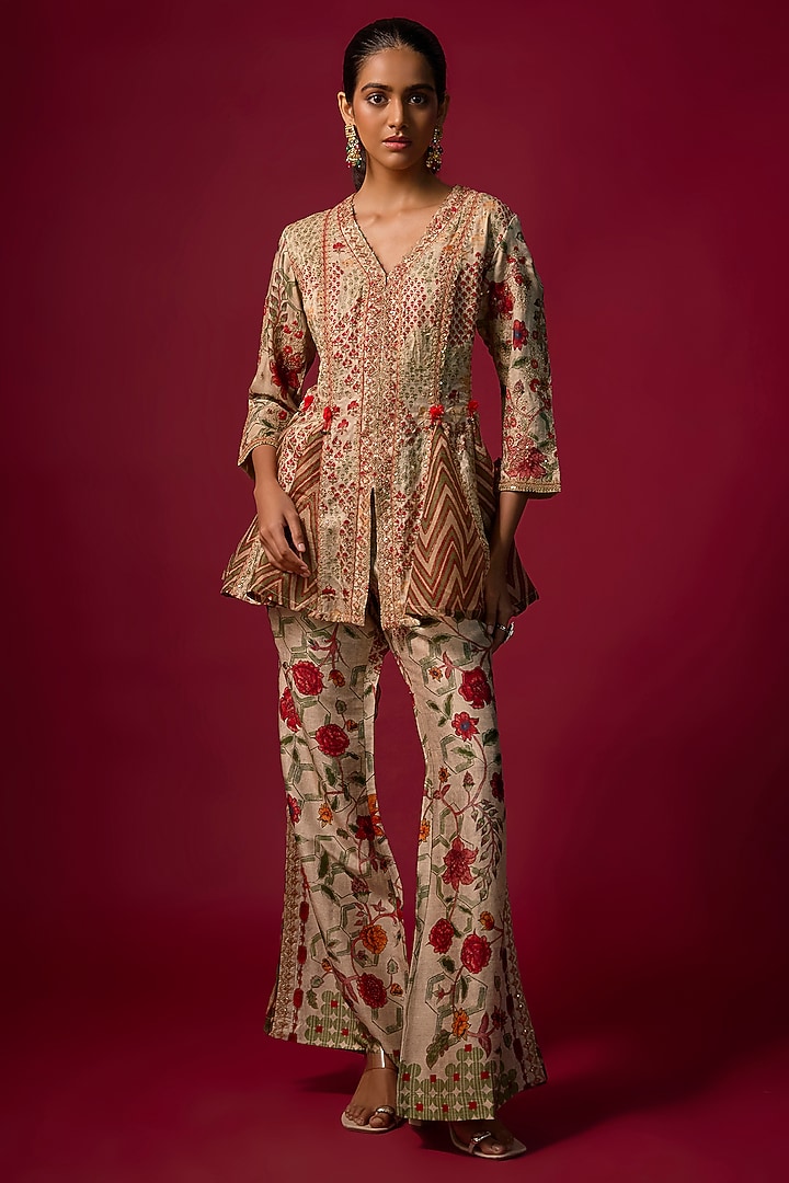 Ivory Gajji Silk Printed & Embroidered Co-Ord Set by SHRADDHA RAMBHIA at Pernia's Pop Up Shop