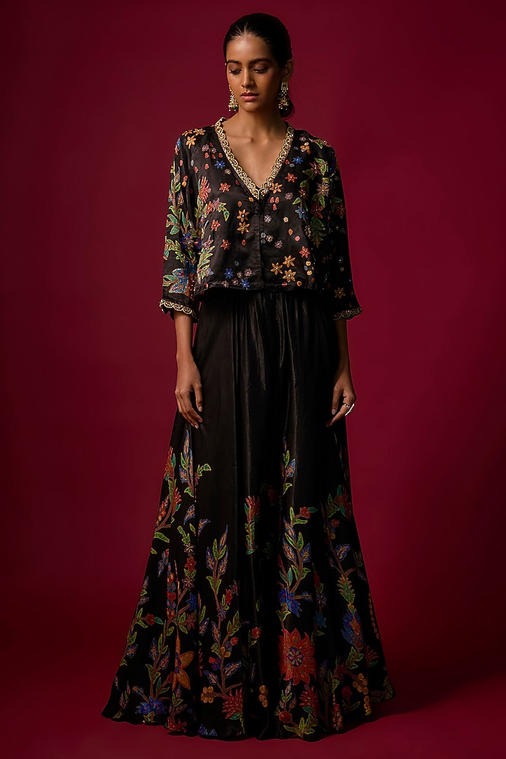 Black Vegan Gajji Silk Printed Flared Skirt Set by SHRADDHA RAMBHIA at Pernia's Pop Up Shop