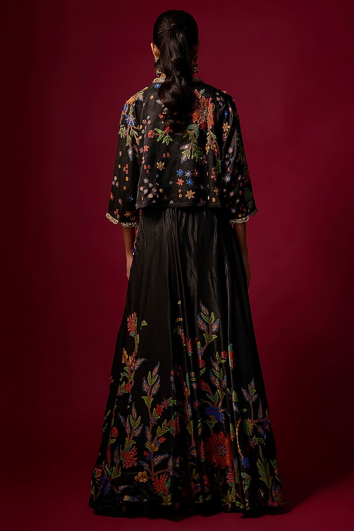 Black Vegan Gajji Silk Printed Flared Skirt Set by SHRADDHA RAMBHIA at Pernia's Pop Up Shop