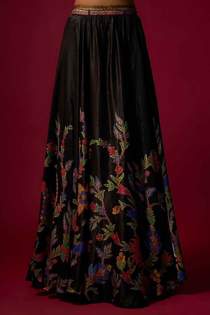 Black Vegan Gajji Silk Printed Flared Skirt Set by SHRADDHA RAMBHIA at Pernia's Pop Up Shop