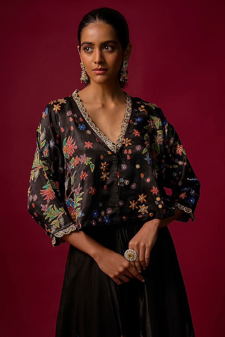 Black Vegan Gajji Silk Printed Flared Skirt Set by SHRADDHA RAMBHIA at Pernia's Pop Up Shop