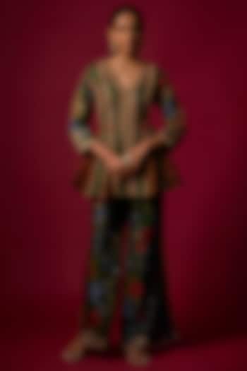 Bottle Green Gajji Silk Printed & Embroidered Co-Ord Set by SHRADDHA RAMBHIA at Pernia's Pop Up Shop