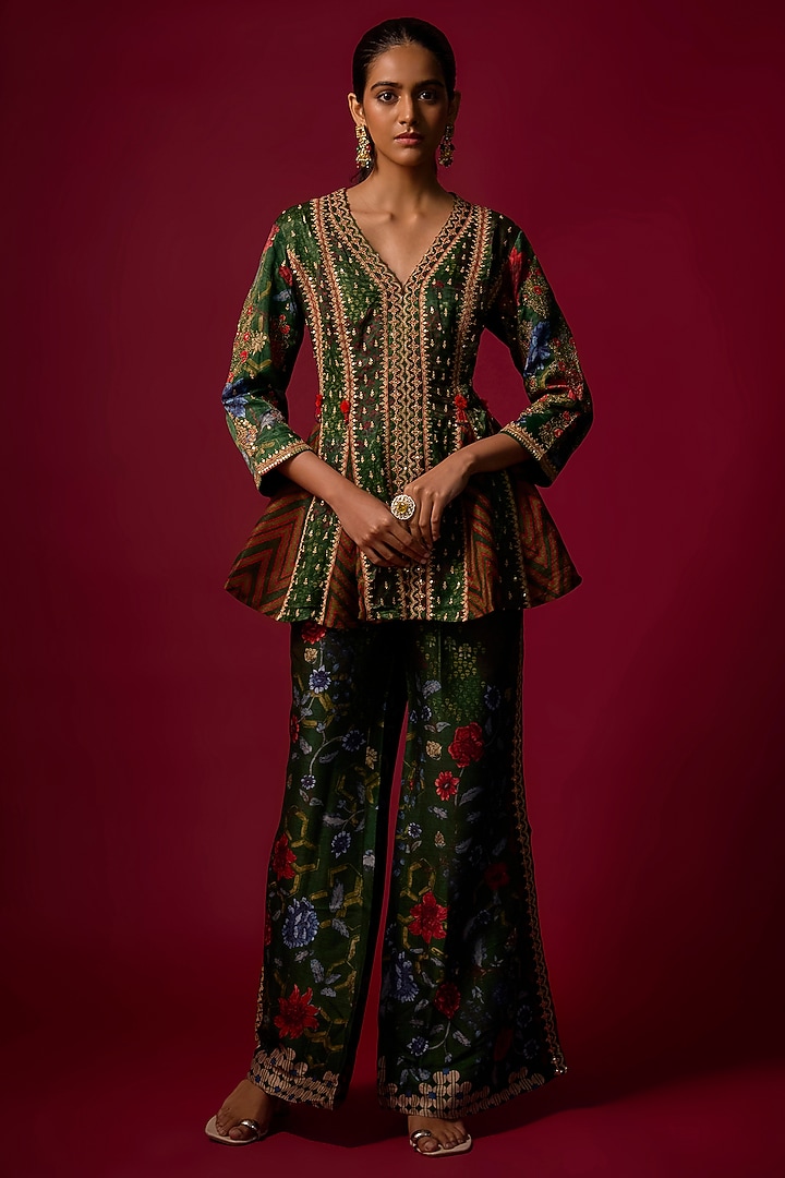 Bottle Green Gajji Silk Printed & Embroidered Co-Ord Set by SHRADDHA RAMBHIA at Pernia's Pop Up Shop