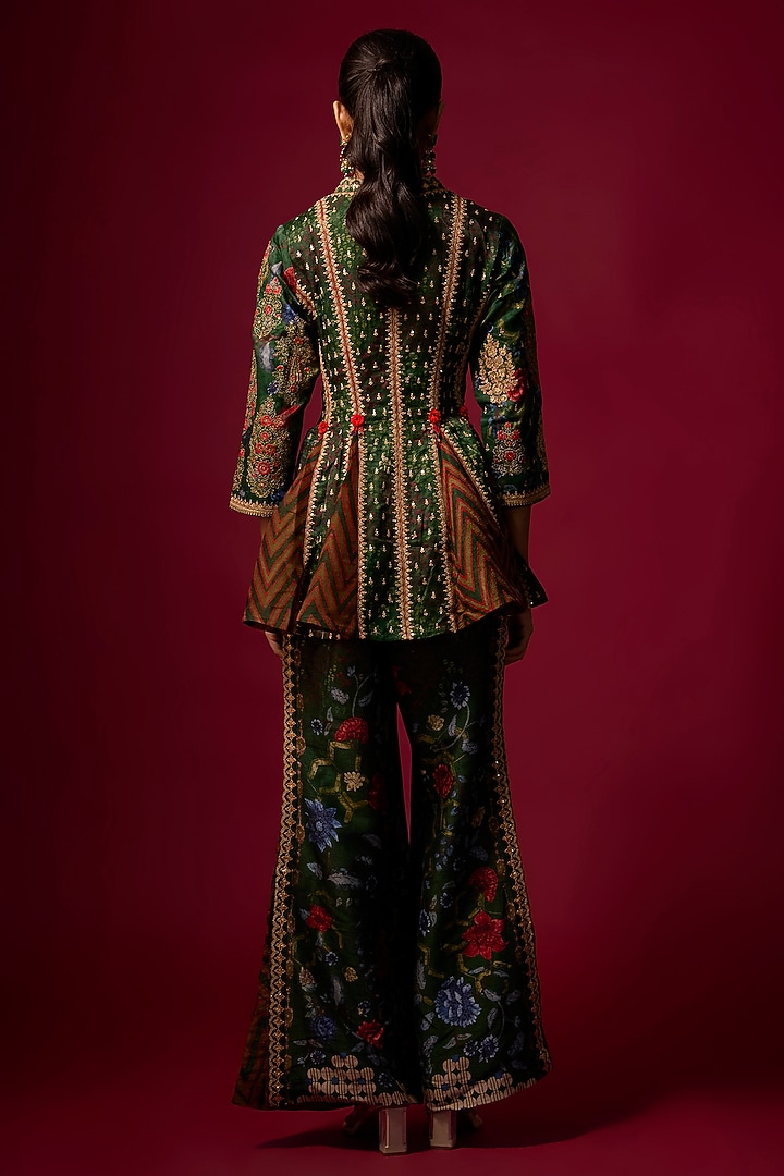 Bottle Green Gajji Silk Printed & Embroidered Co-Ord Set by SHRADDHA RAMBHIA at Pernia's Pop Up Shop