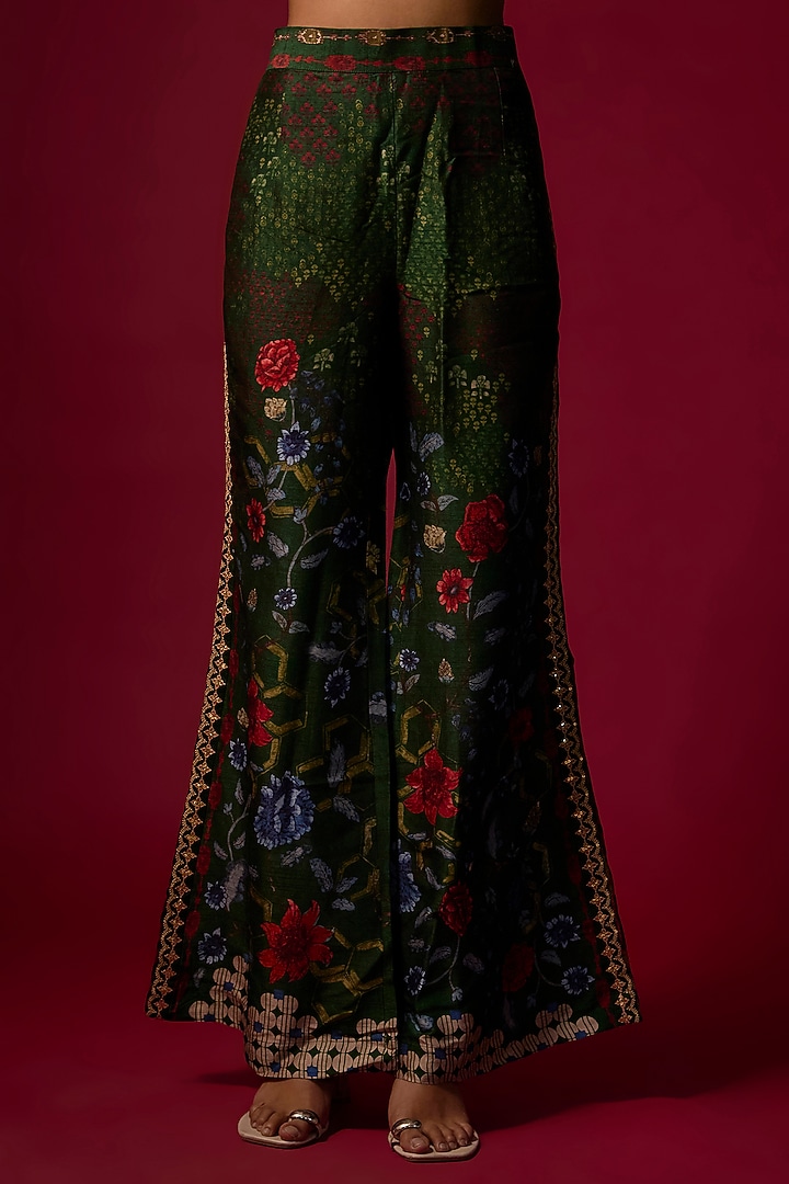 Bottle Green Gajji Silk Printed & Embroidered Co-Ord Set by SHRADDHA RAMBHIA at Pernia's Pop Up Shop