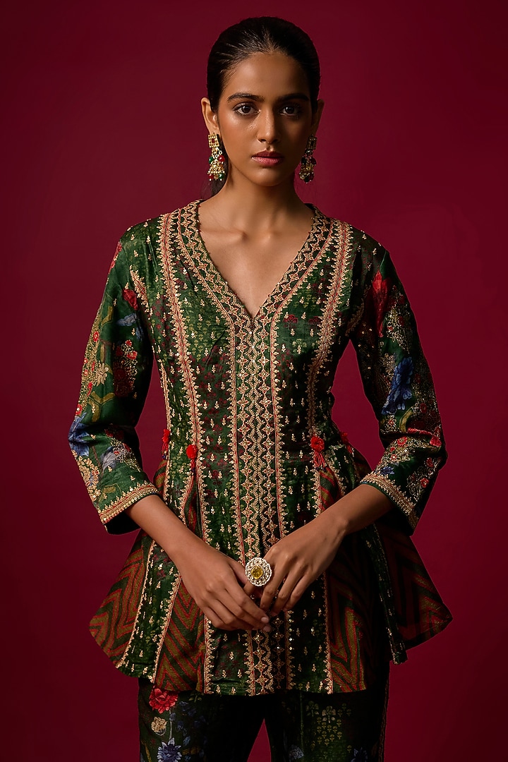 Bottle Green Gajji Silk Printed & Embroidered Co-Ord Set by SHRADDHA RAMBHIA at Pernia's Pop Up Shop