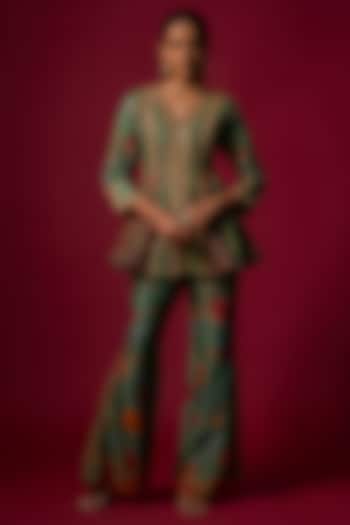 Rama Green Gajji Silk Printed & Embroidered Co-Ord Set by SHRADDHA RAMBHIA at Pernia's Pop Up Shop