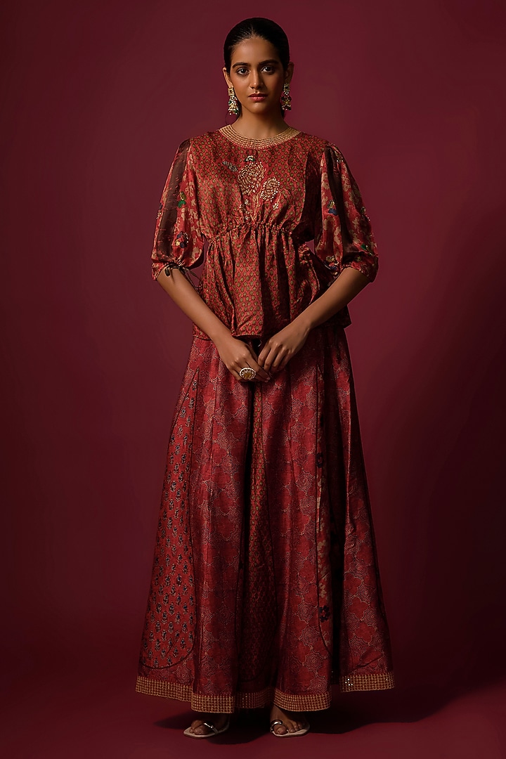 Red Vegan Gajji Silk Hand Embroidered & Printed Co-Ord Set by SHRADDHA RAMBHIA at Pernia's Pop Up Shop