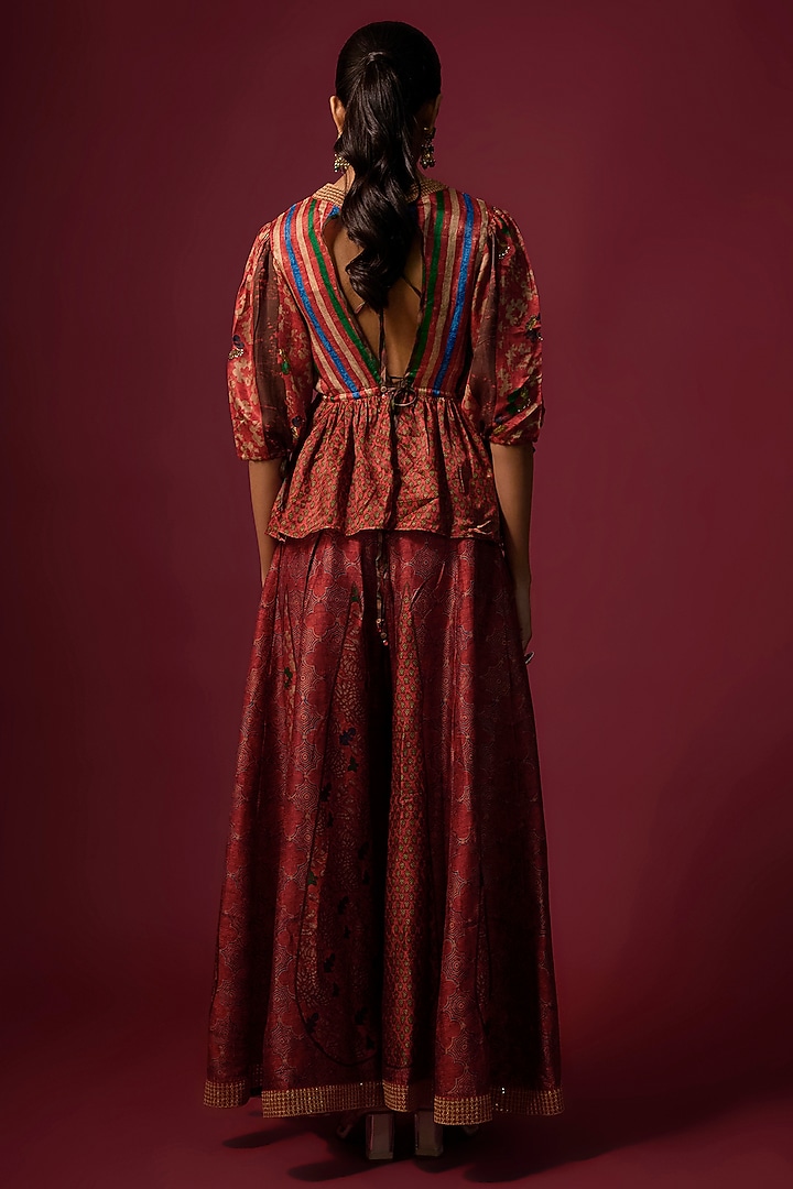 Red Vegan Gajji Silk Hand Embroidered & Printed Co-Ord Set by SHRADDHA RAMBHIA at Pernia's Pop Up Shop