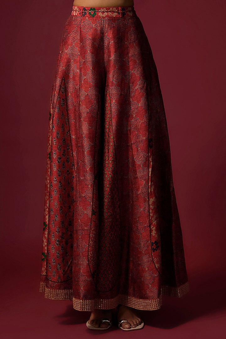 Red Vegan Gajji Silk Hand Embroidered & Printed Co-Ord Set by SHRADDHA RAMBHIA at Pernia's Pop Up Shop