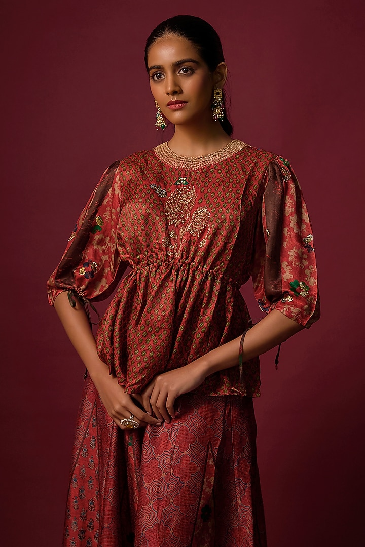 Red Vegan Gajji Silk Hand Embroidered & Printed Co-Ord Set by SHRADDHA RAMBHIA at Pernia's Pop Up Shop