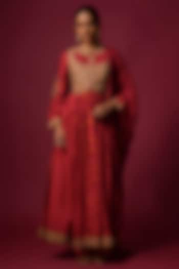 Red Slub Silk Printed Party Wear Anarkali Set by SHRADDHA RAMBHIA at Pernia's Pop Up Shop