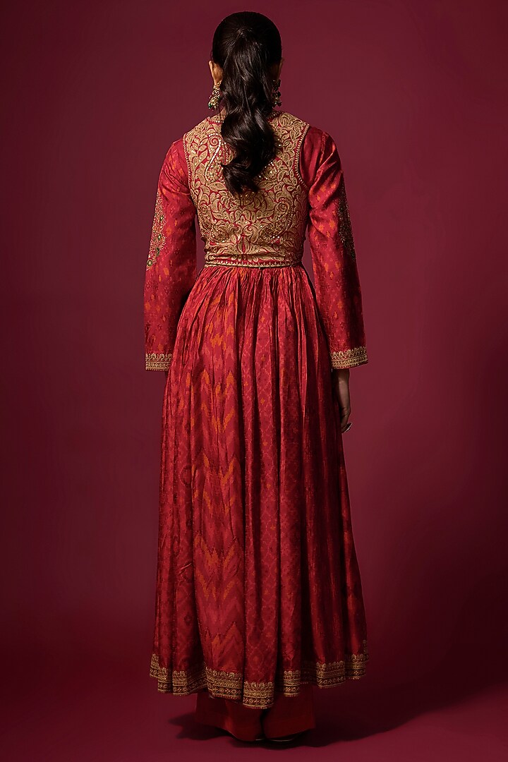 Red Slub Silk Printed Party Wear Anarkali Set by SHRADDHA RAMBHIA at Pernia's Pop Up Shop