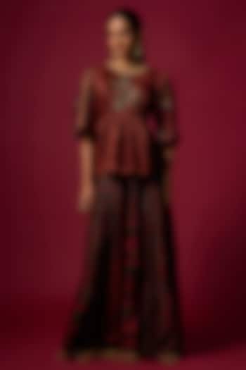 Black Vegan Gajji Silk Hand Embroidered & Printed Co-Ord Set by SHRADDHA RAMBHIA at Pernia's Pop Up Shop