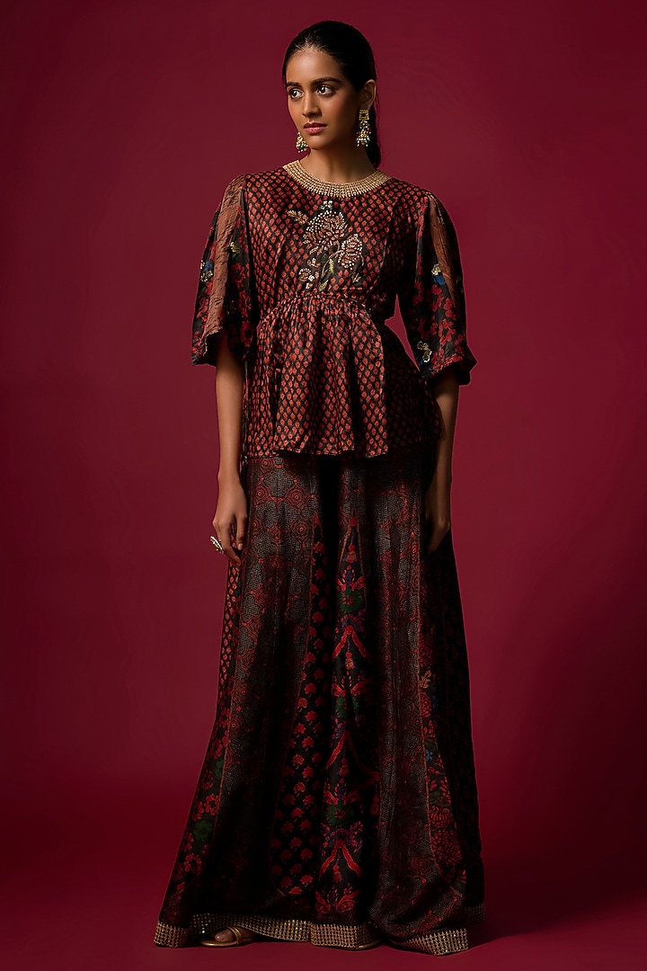 Black Vegan Gajji Silk Hand Embroidered & Printed Co-Ord Set by SHRADDHA RAMBHIA at Pernia's Pop Up Shop