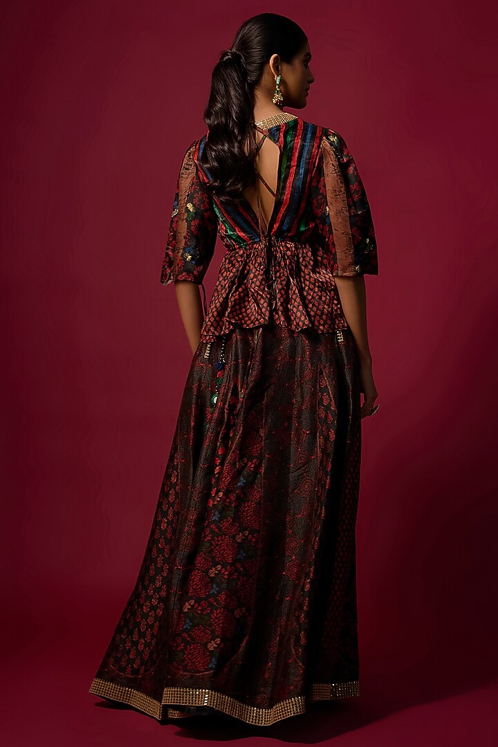 Black Vegan Gajji Silk Hand Embroidered & Printed Co-Ord Set by SHRADDHA RAMBHIA at Pernia's Pop Up Shop