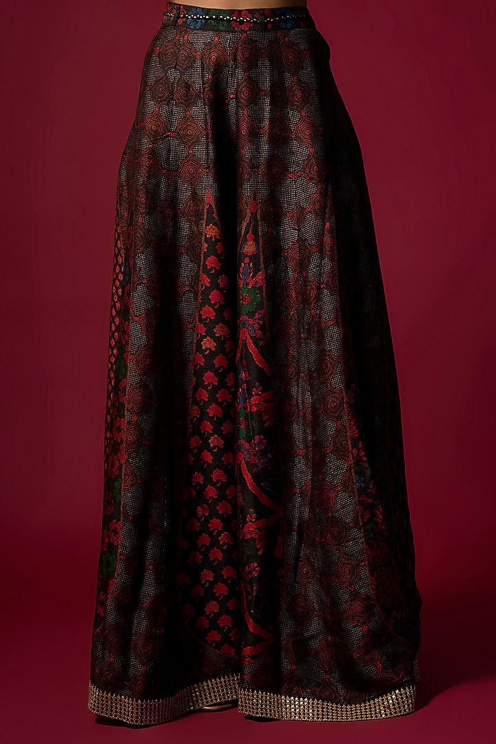 Black Vegan Gajji Silk Hand Embroidered & Printed Co-Ord Set by SHRADDHA RAMBHIA at Pernia's Pop Up Shop