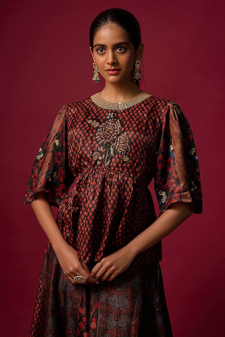 Black Vegan Gajji Silk Hand Embroidered & Printed Co-Ord Set by SHRADDHA RAMBHIA at Pernia's Pop Up Shop